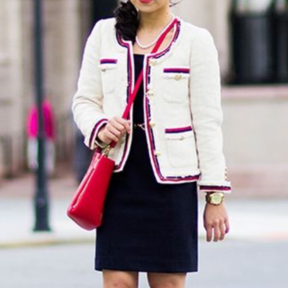 J. Crew Cream Tweed Lady Jacket with Red and Navy Trim